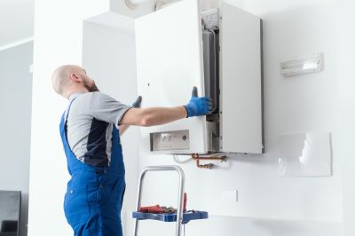 Plumber inspecting a water heater